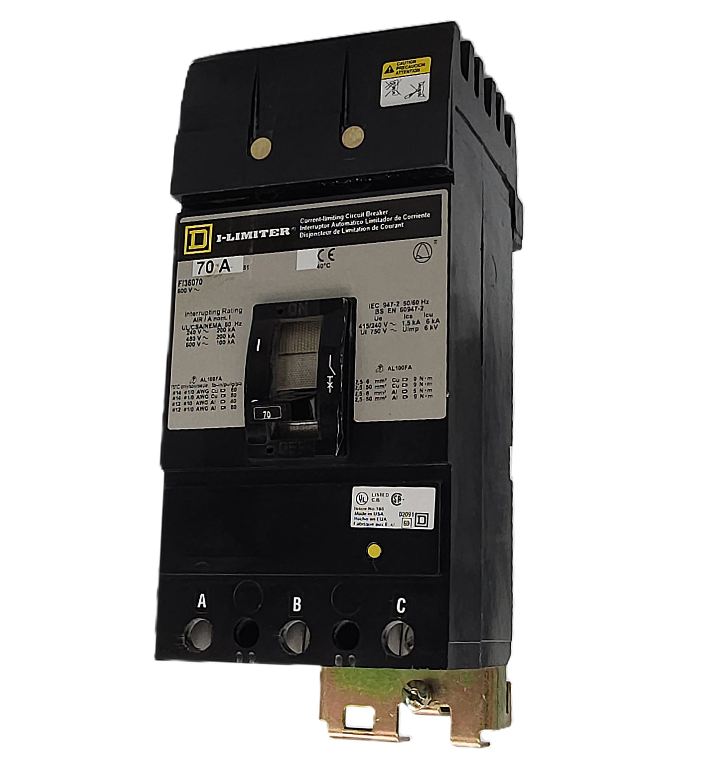 Square D I-Limiter FI36070 Circuit Breaker 3-Pole, 70 Amp, 600V AC, Thermal Magnetic, Current Limiting, Bolt-On Mount