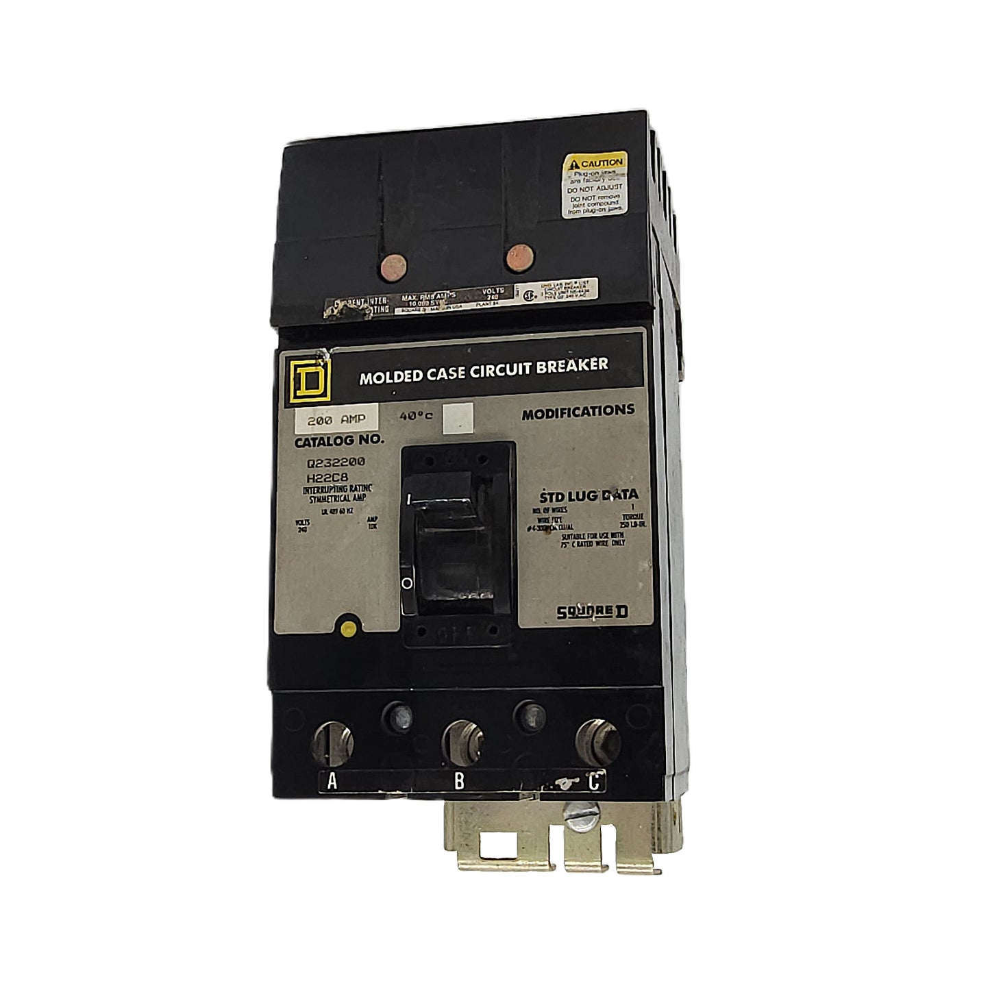 Square D Q232200 Molded Case Circuit Breaker 3-Pole, 200 Amp, 240V AC, Thermal Magnetic, Q2 Frame, Bolt-On Mount