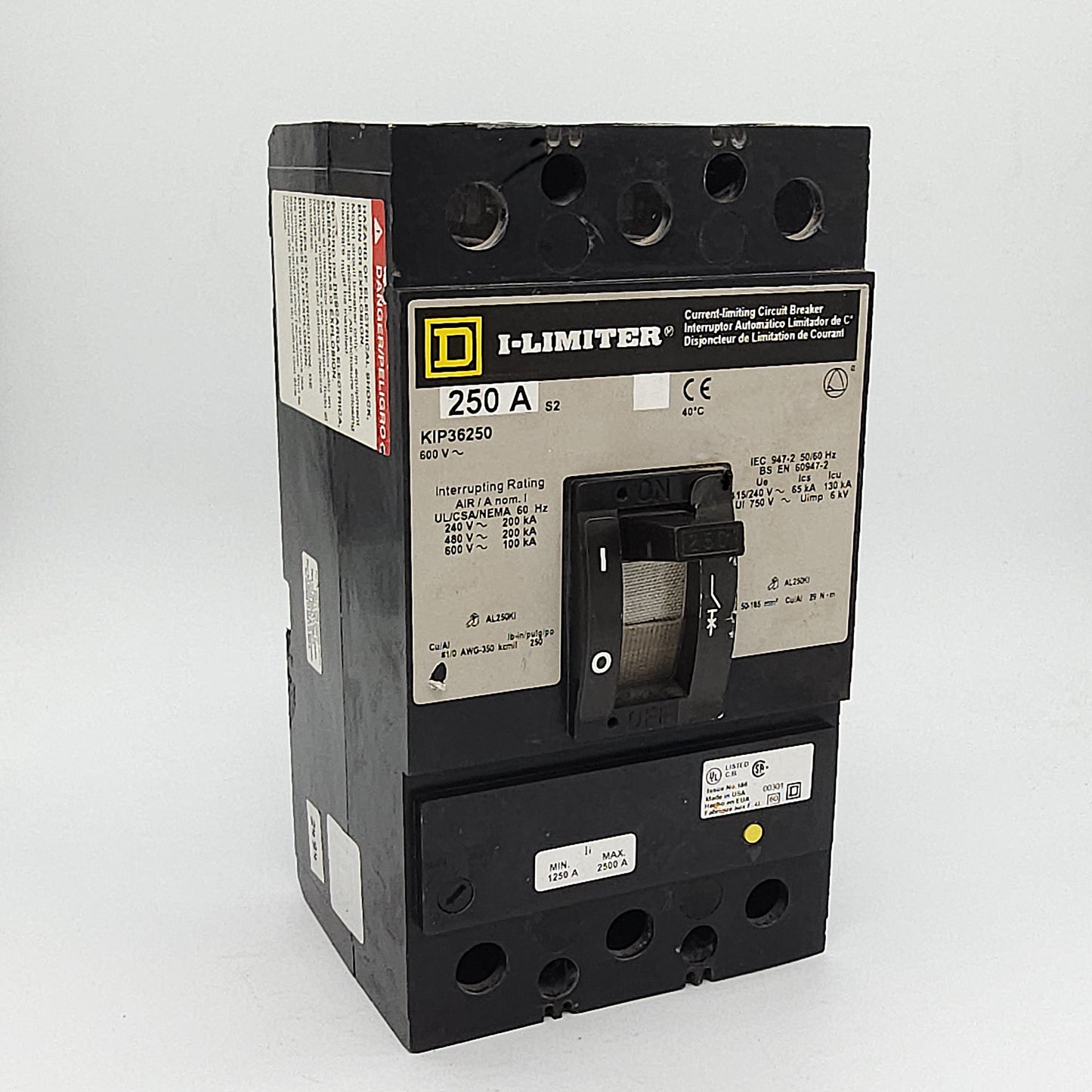 Square D KIP36250 I-Limiter Circuit Breaker 3-Pole, 250 Amp, 600V AC, Thermal Magnetic, KIP Frame, Current-Limiting, Bolt-On