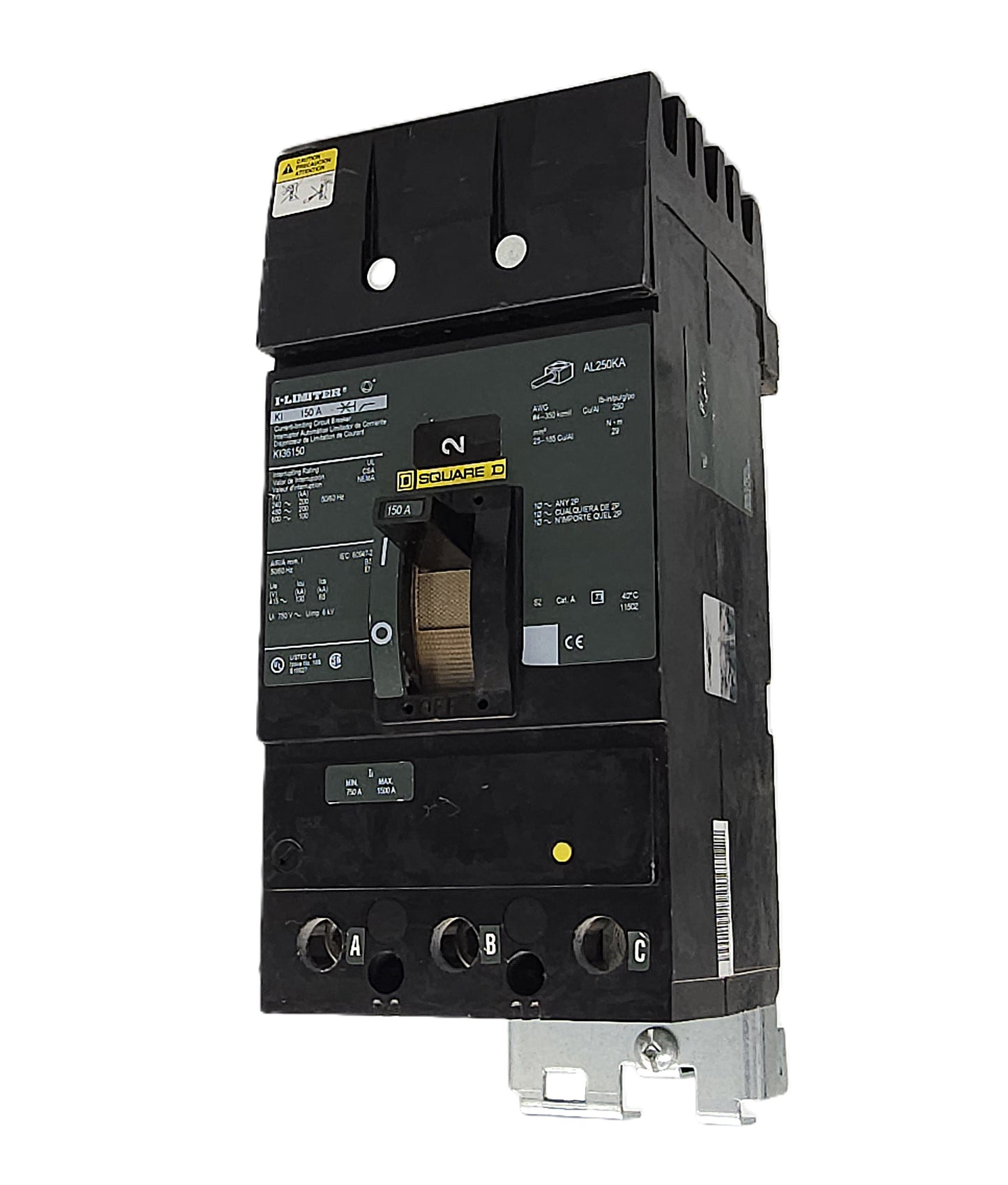 Square D KIL36150 I-Limiter Circuit Breaker 3-Pole, 150 Amp, 600V AC, Thermal Magnetic, KJL Frame, Bolt-On, High Interrupting Capacity