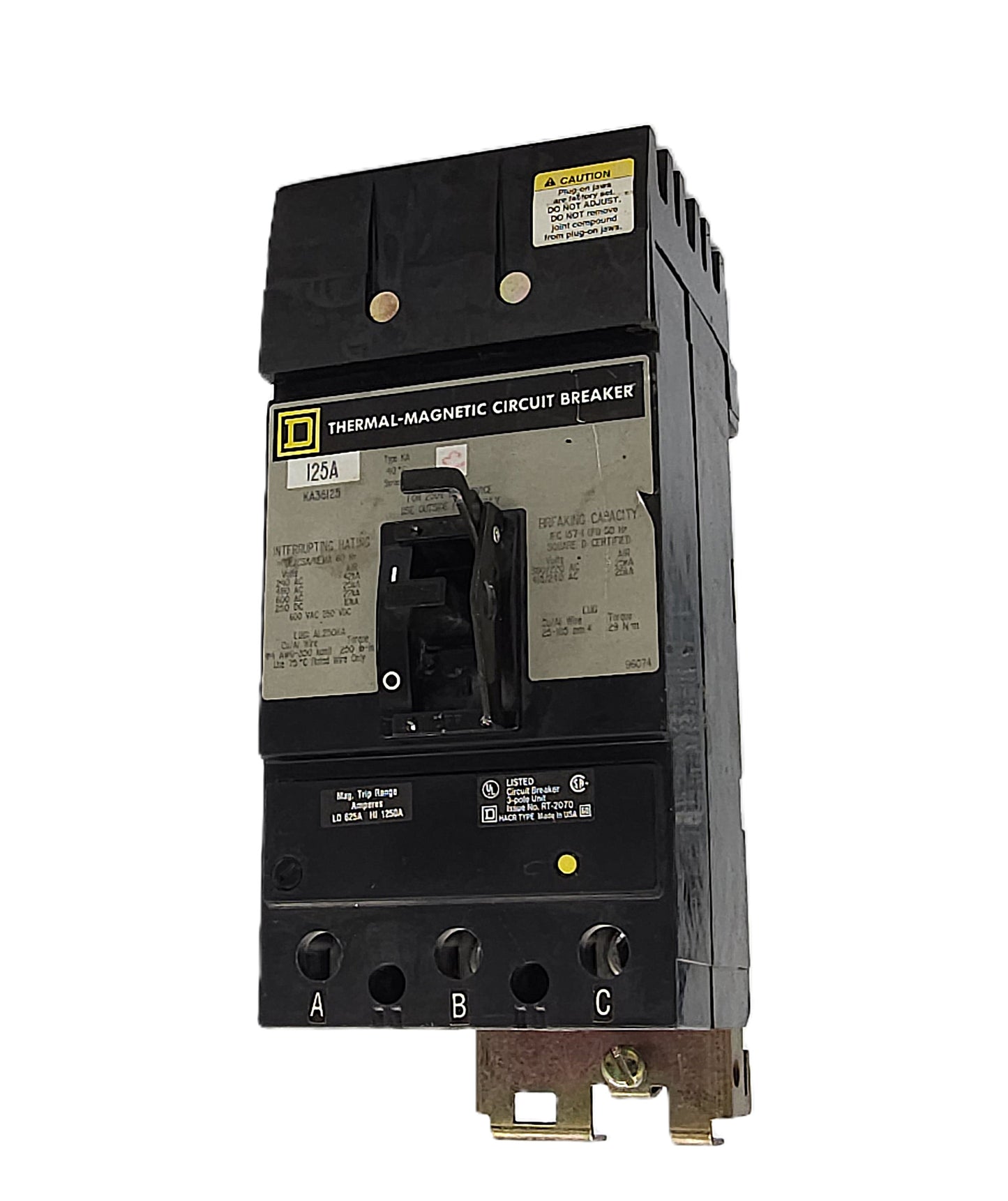 Square D KA36125 Circuit Breaker 3-Pole, 125 Amp, 600V AC / 250V DC, Bolt-On, KA Frame, Thermal-Magnetic Trip