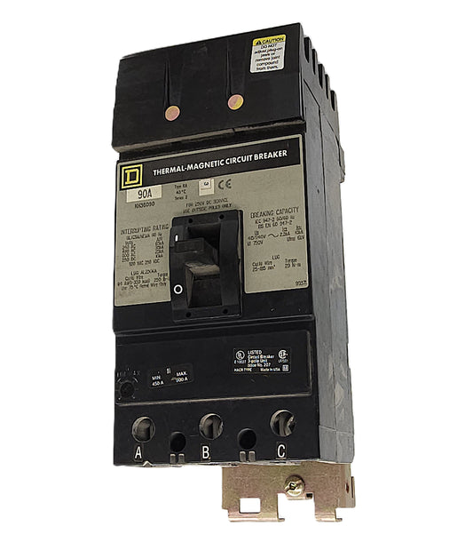 Square D KH36090 Circuit Breaker 3-Pole, 90 Amp, 600V AC / 250V DC, Bolt-On, KA Frame, Thermal-Magnetic Trip