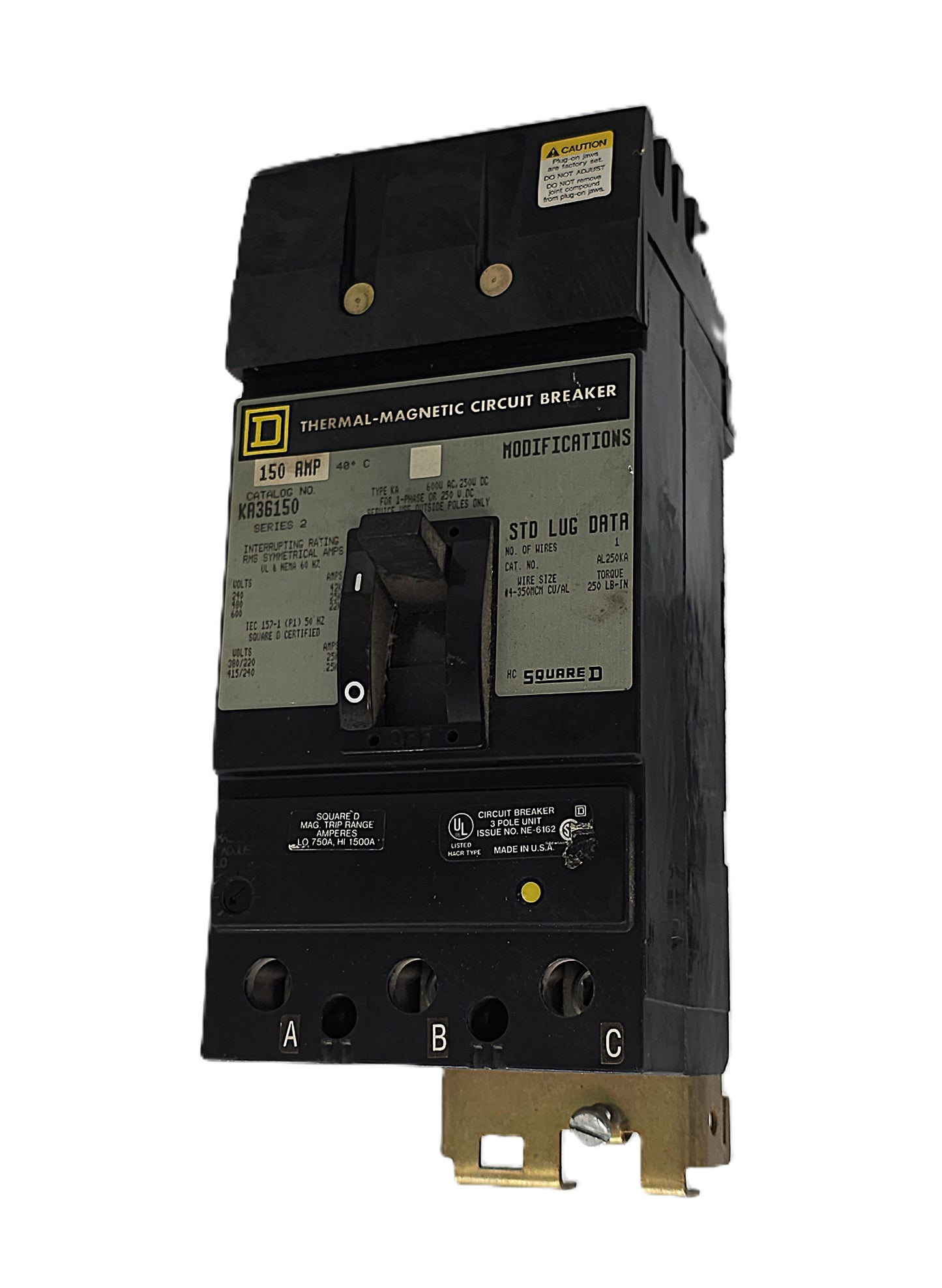 Square D KA36150 Circuit Breaker 3-Pole, 150 Amp, 600V AC / 250V DC, Bolt-On, KA Frame, Thermal-Magnetic Trip