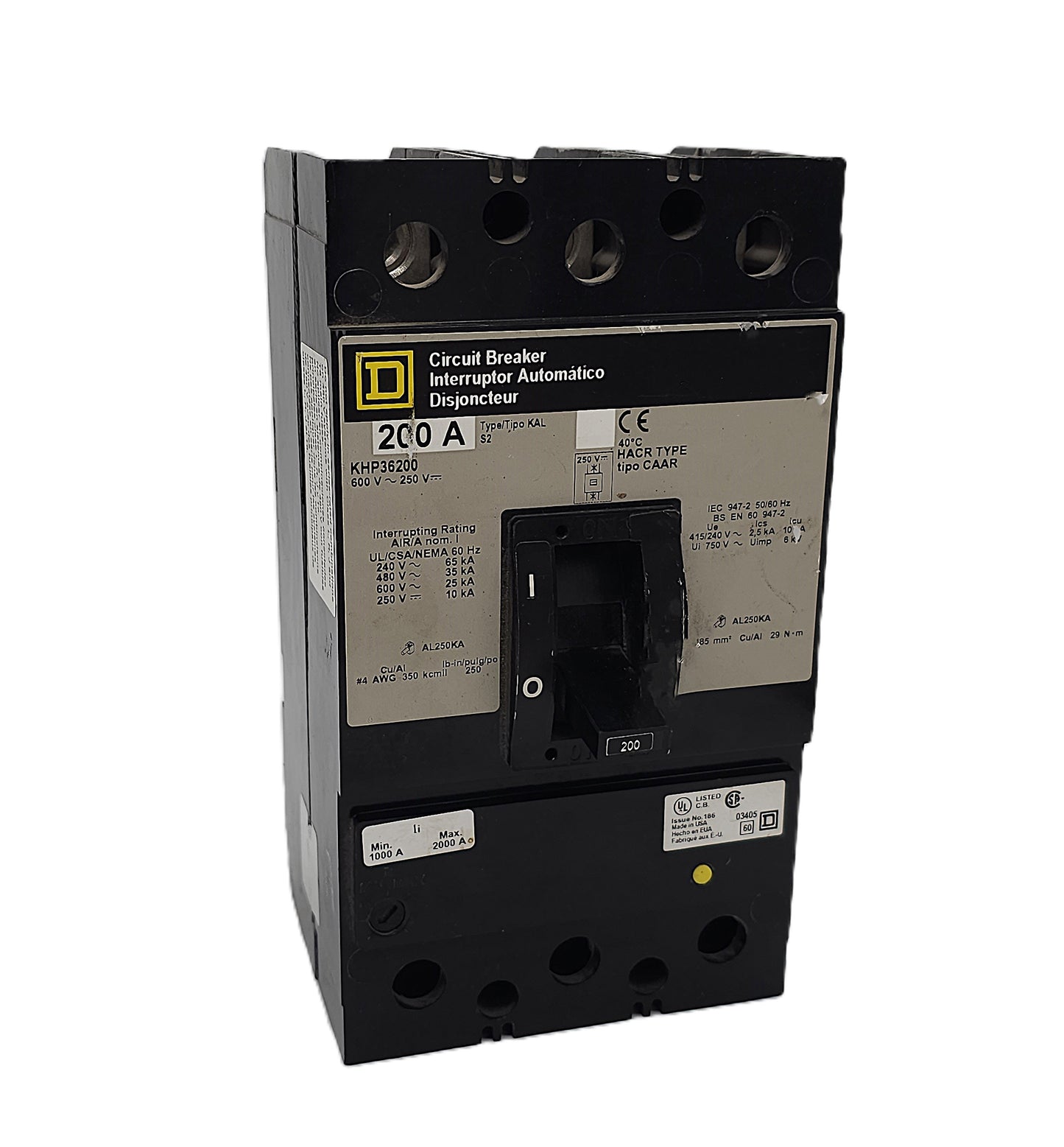 Square D KHP36250 Circuit Breaker 3-Pole, 200 Amp, 600V AC / 250V DC, Plug-On, KAL Frame