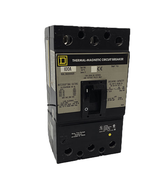 Square D KAL361001021 Circuit Breaker – Thermal Magnetic 3-Pole, 100 Amp, 600V AC / 250V DC, Bolt-On, KAL Frame, Shunt Trip