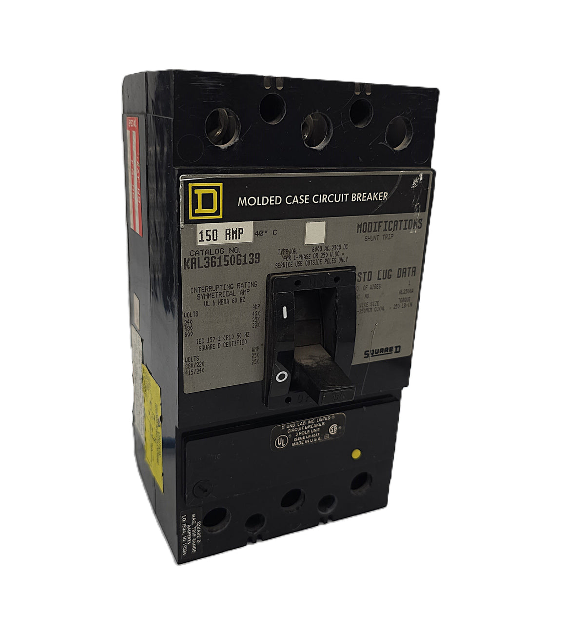 Square D KAL361506139 Circuit Breaker – Molded Case, Thermal Magnetic 3-Pole, 150 Amp, 600V AC / 250V DC, Bolt-On, KAL Frame