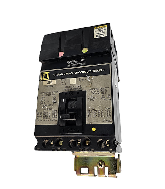 Square D FH36030 Circuit Breaker – Thermal Magnetic 3-Pole, 30 Amp, 600V AC / 250V DC, Bolt-On, FH Frame