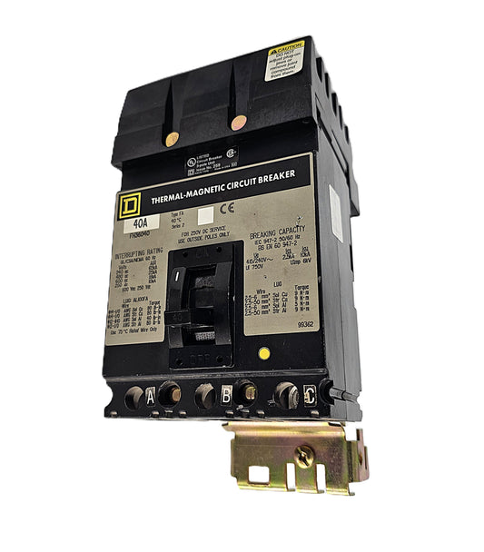 Square D FH36040 Circuit Breaker – Thermal Magnetic 3-Pole, 40 Amp, 600V AC / 250V DC, Bolt-On, FH Frame