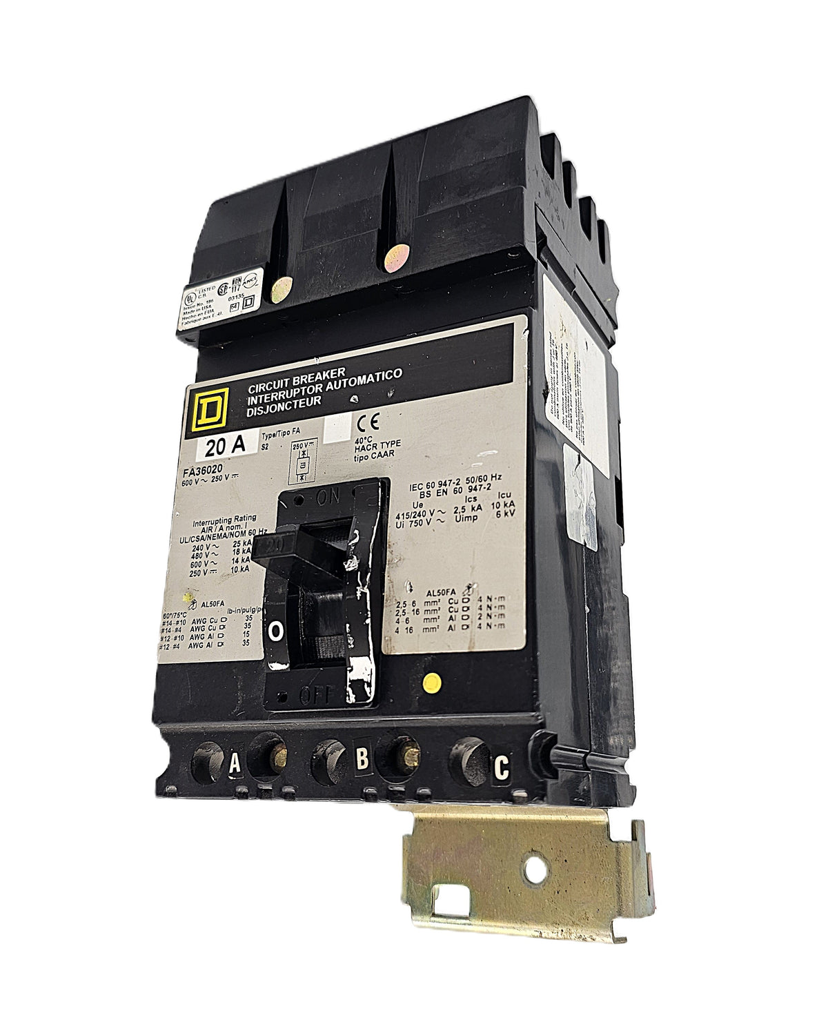 Square D FA32020 Circuit Breaker – Thermal Magnetic 3-Pole, 20 Amp, 600V AC / 250V DC, Bolt-On, FA Frame