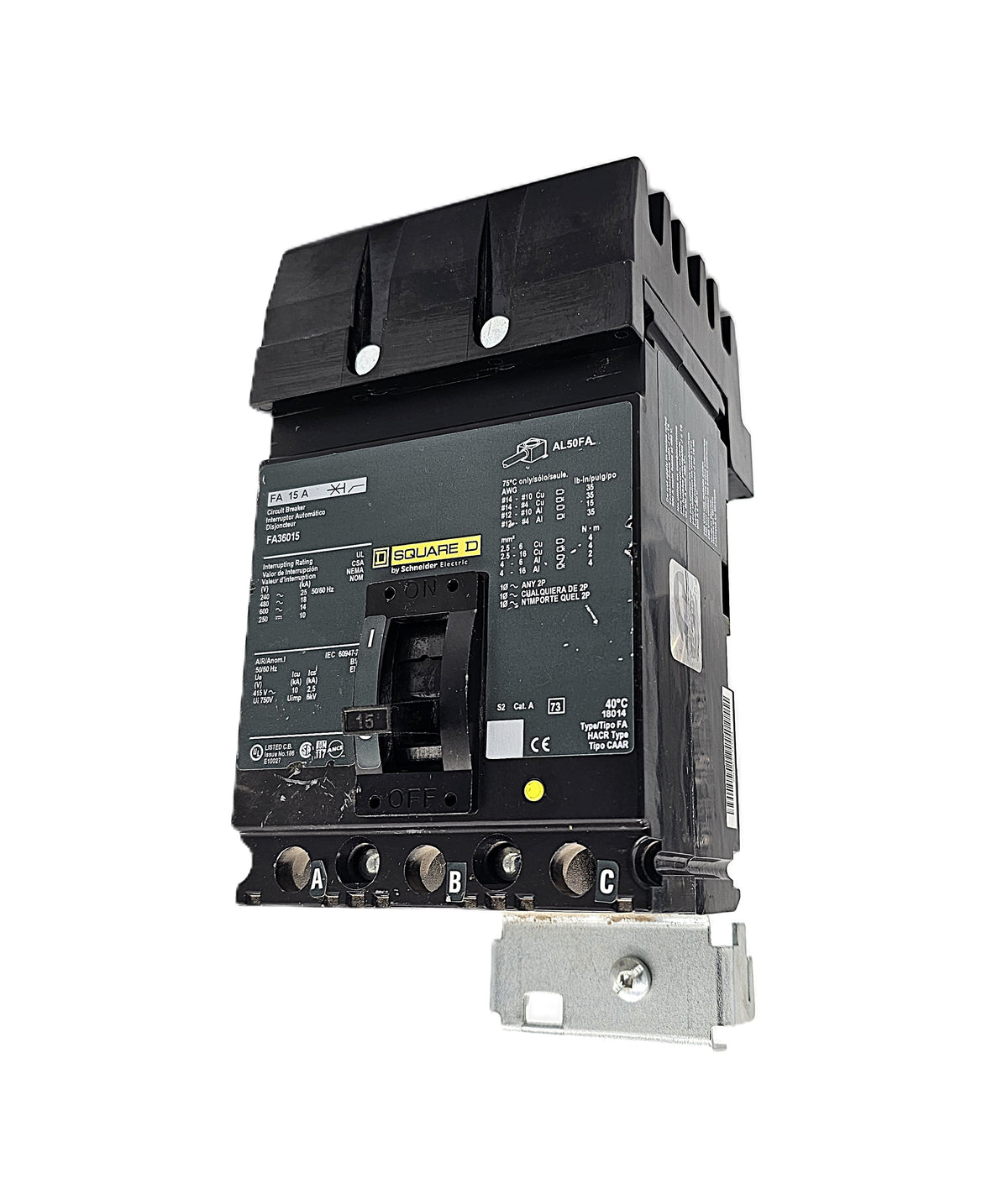 Square D FA36015 Circuit Breaker – Thermal Magnetic 3-Pole, 15 Amp, 600V AC / 250V DC, Bolt-On, FA Frame