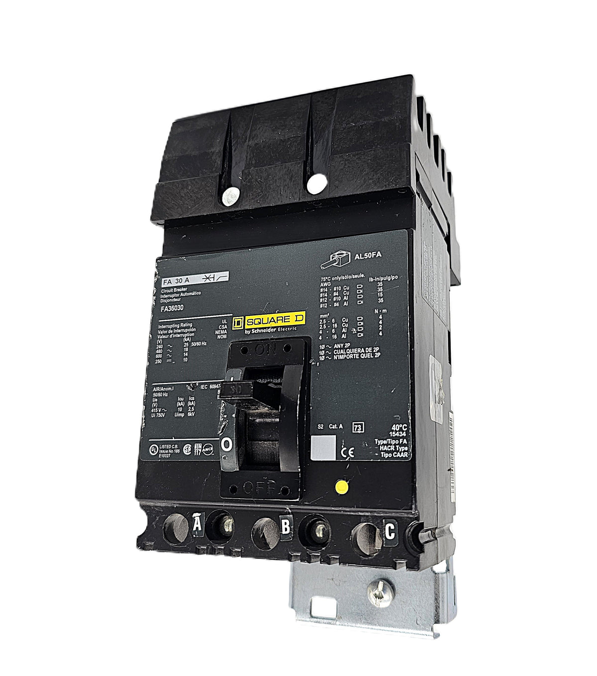 Square D FA36030 Circuit Breaker – Thermal Magnetic 3-Pole, 30 Amp, 600V AC / 250V DC, Bolt-On, FA Frame
