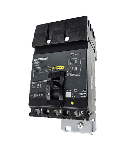 Square D FA36030 Circuit Breaker – Thermal Magnetic 3-Pole, 30 Amp, 600V AC / 250V DC, Bolt-On, FA Frame