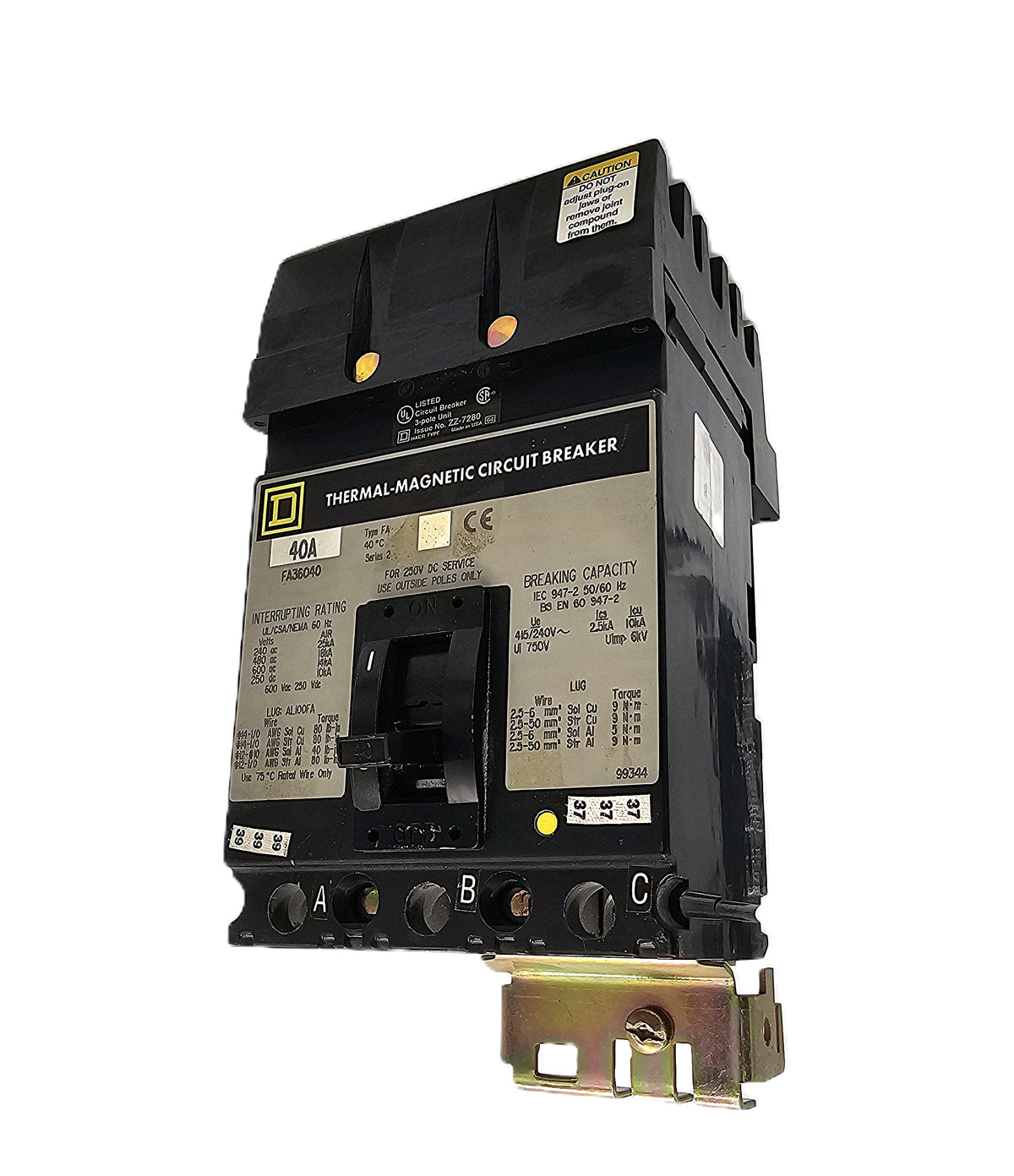 Square D FA36040 Circuit Breaker – Thermal Magnetic 3-Pole, 40 Amp, 600V AC / 250V DC, Bolt-On, FA Frame
