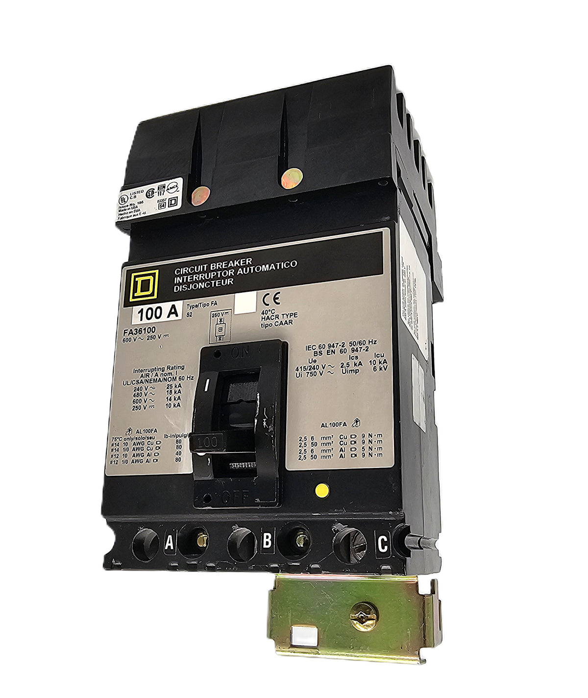 Square D FA36100 Circuit Breaker – Thermal Magnetic, Molded Case 3-Pole, 100 Amp, 600V AC / 250V DC, Bolt-On, FA Frame