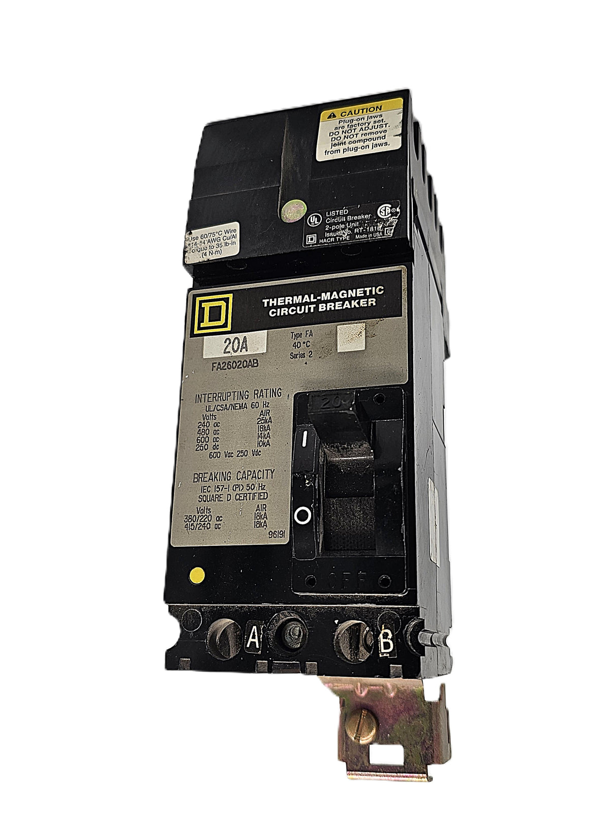 Square D FA26020AB Circuit Breaker 2-Pole, 20 Amp, 600V AC / 250V DC, Type FA, Thermal Magnetic, Bolt-On Mount