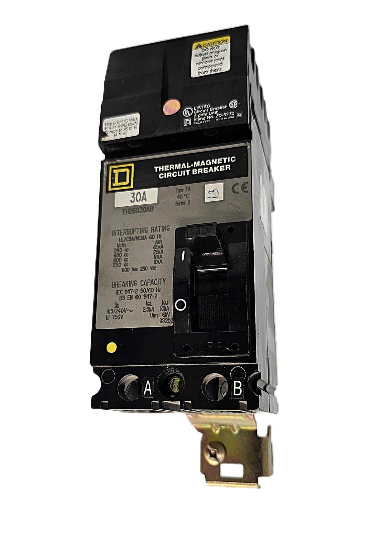 Square D FH26030AB Circuit Breaker 2-Pole, 30 Amp, 600V AC / 250V DC, Type FA, Thermal Magnetic, Bolt-On Mount