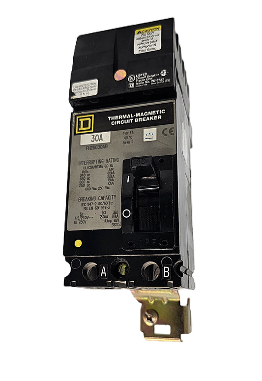 Square D FH26030AB Circuit Breaker 2-Pole, 30 Amp, 600V AC / 250V DC, Type FA, Thermal Magnetic, Bolt-On Mount