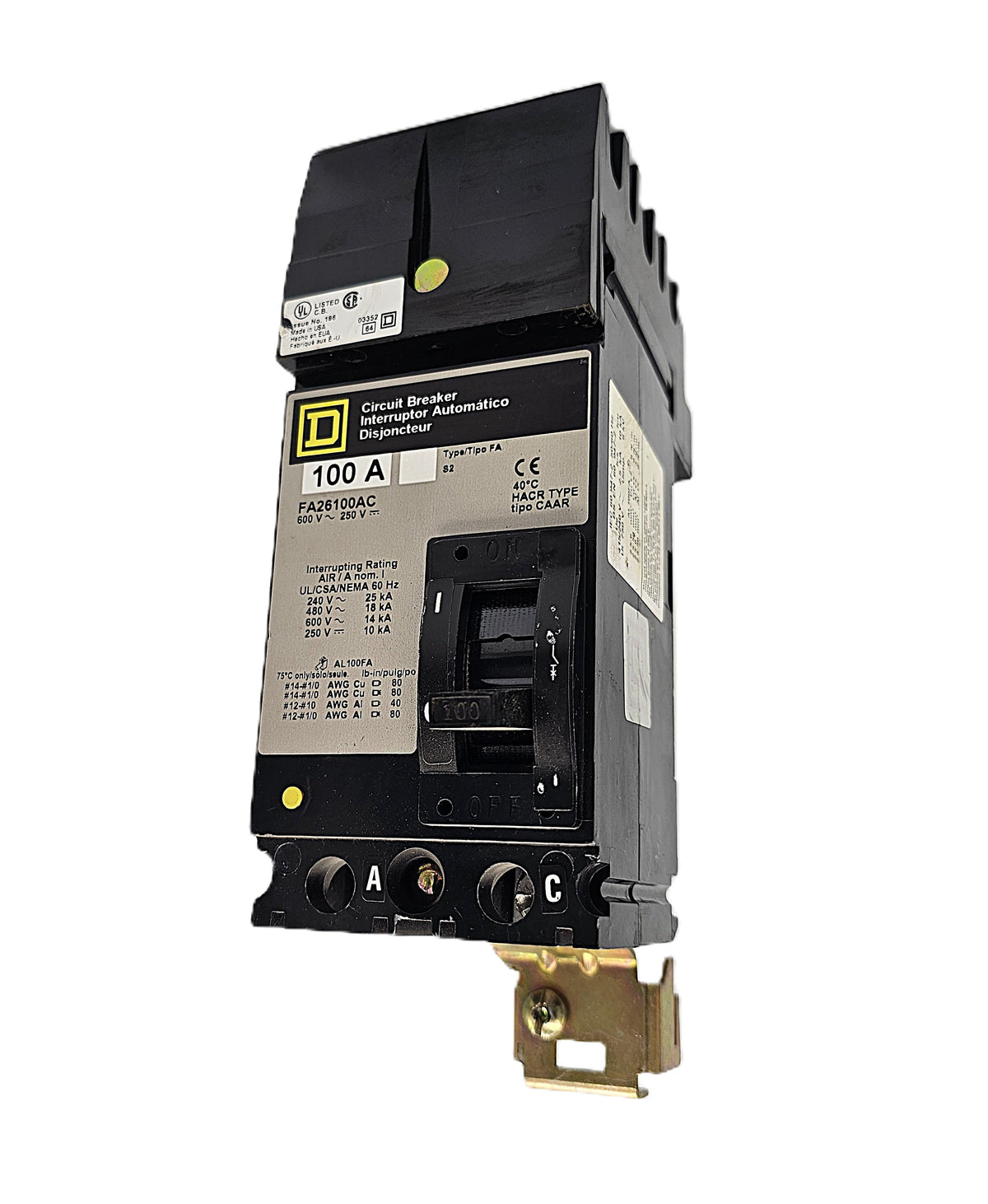 Square D FA26100AC Circuit Breaker 2-Pole, 100 Amp, 600V AC / 250V DC, Type FA, Thermal Magnetic, Bolt-On Mount