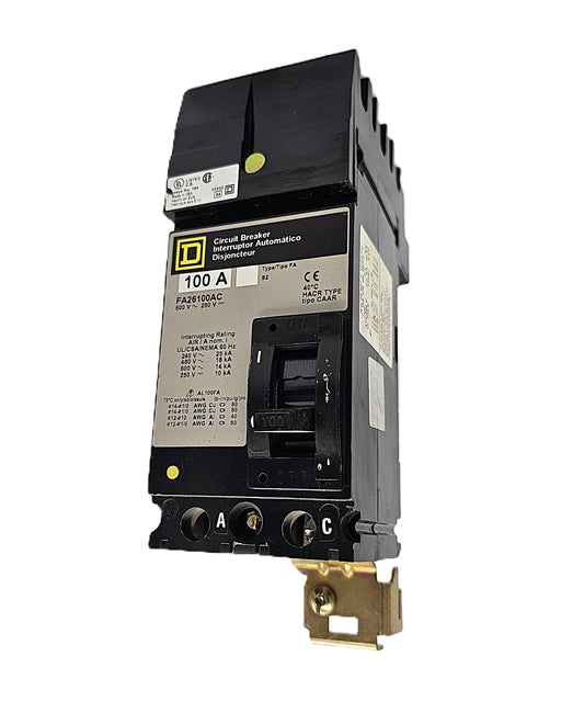Square D FA26100AC Circuit Breaker 2-Pole, 100 Amp, 600V AC / 250V DC, Type FA, Thermal Magnetic, Bolt-On Mount