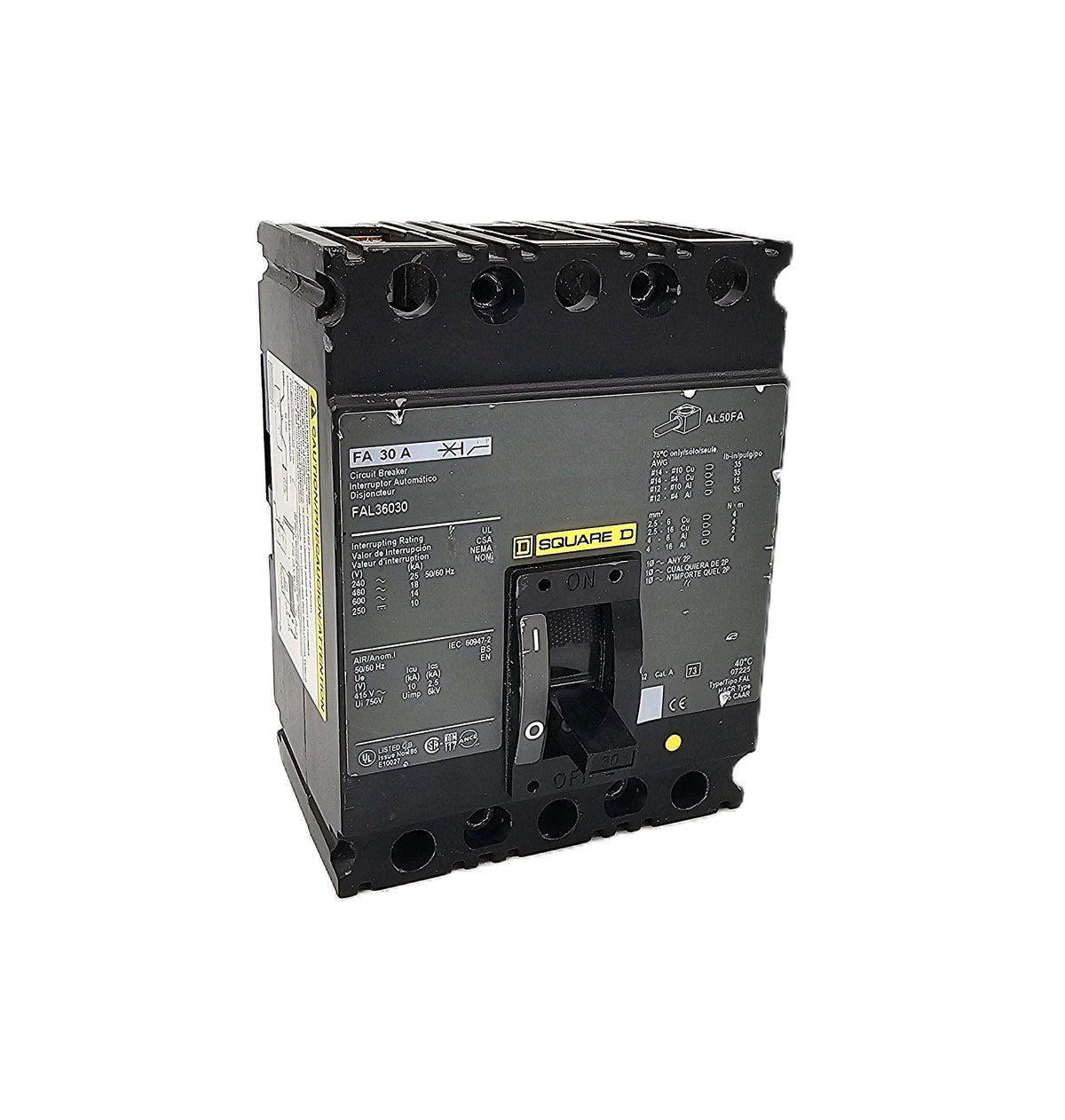 Square D FAL36030 Circuit Breaker 3-Pole, 30 Amp, 600V AC / 250V DC, Type FA, Thermal Magnetic, Unit Mount