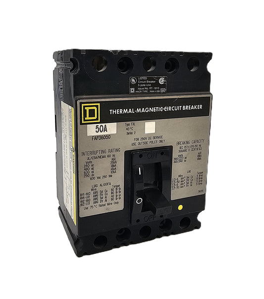 Square D FAP36050 Circuit Breaker 3-Pole, 50 Amp, 600V AC / 250V DC, Thermal Magnetic, Unit Mount, FAL Frame