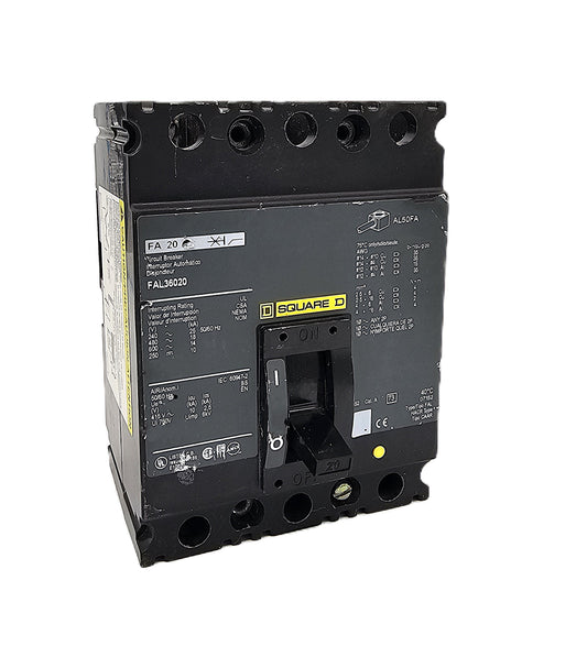 Square D FAL36020 Circuit Breaker 3-Pole, 20 Amp, 600V AC / 250V DC, Thermal Magnetic, Unit Mount, FAL Frame