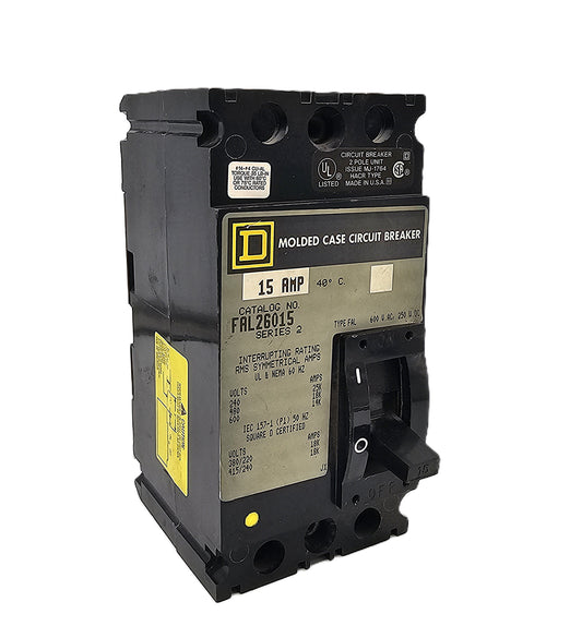 Square D FAL26015 Circuit Breaker 2-Pole, 15 Amp, 600V AC / 250V DC, Thermal Magnetic, FAL Frame, Unit Mount
