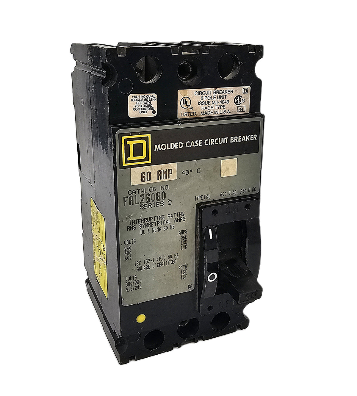 Square D FAL26060 Circuit Breaker 2-Pole, 60 Amp, 600V AC / 250V DC, Thermal Magnetic, FAL Frame