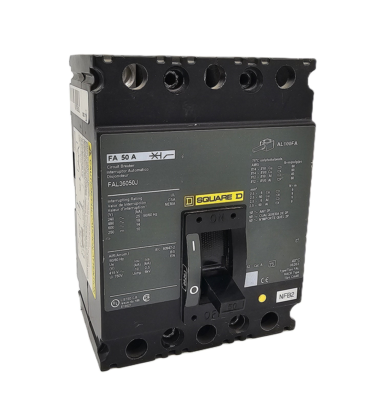 Square D FAL36050J Circuit Breaker 3-Pole, 50 Amp, 600V AC, Bolt-On, FAL Series