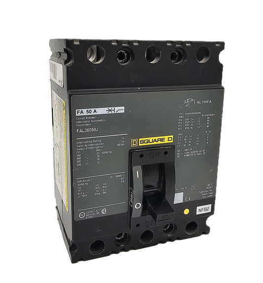 Square D FAL36050J Circuit Breaker 3-Pole, 50 Amp, 600V AC, Bolt-On, FAL Series