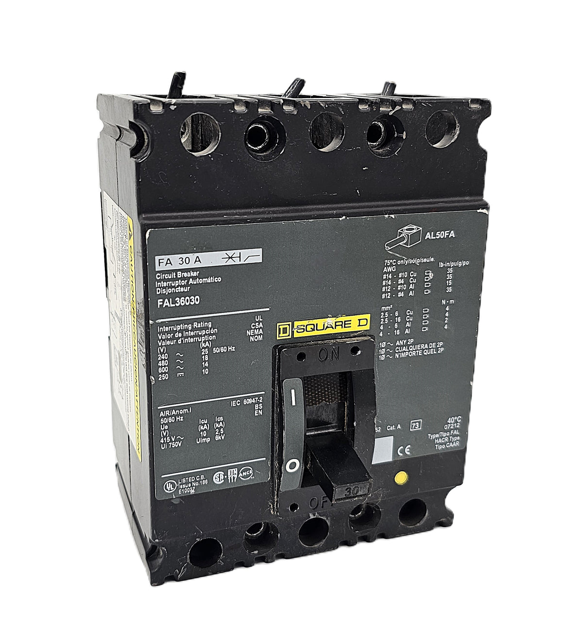 Square D FAL36030 Circuit Breaker 3-Pole, 30 Amp, 600V AC, Bolt-On, FAL Series