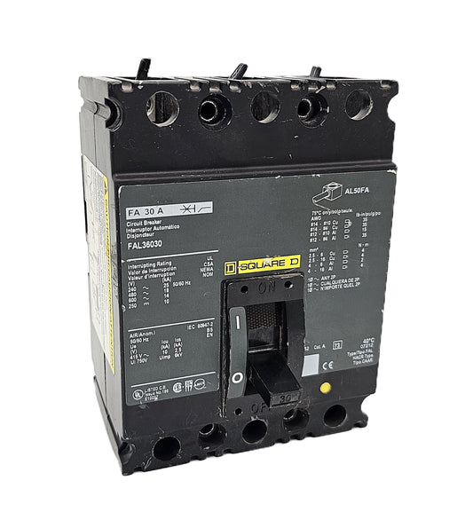 Square D FAL36030 Circuit Breaker 3-Pole, 30 Amp, 600V AC, Bolt-On, FAL Series