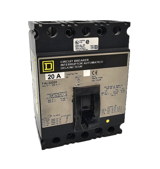 Square D FAL32020 Circuit Breaker 3-Pole, 20 Amp, 240V AC / 250V DC, Bolt-On, FAL Series