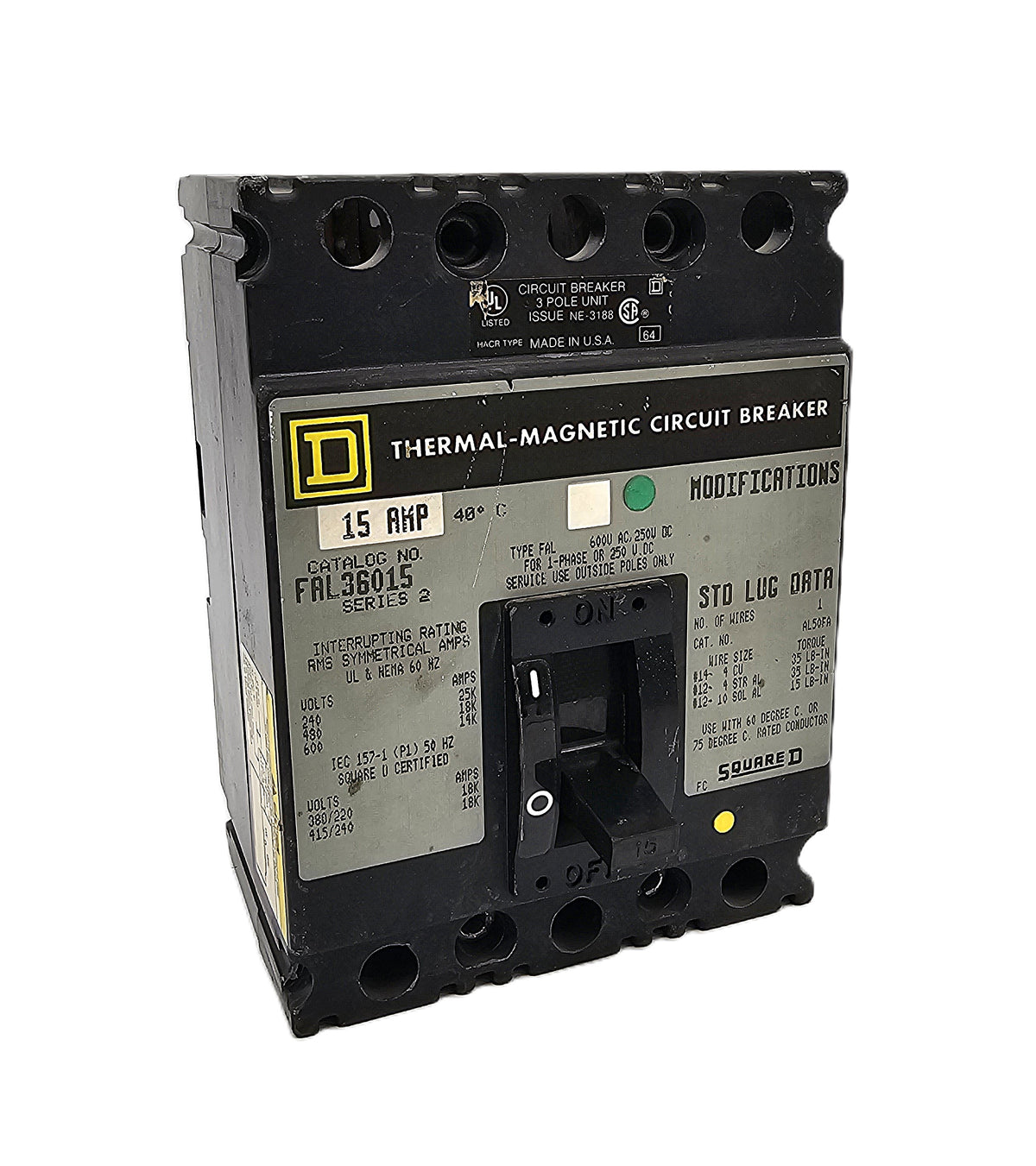 Square D FAL36015 Circuit Breaker 3-Pole, 15 Amp, 600V AC / 250V DC, Bolt-On, FAL Series