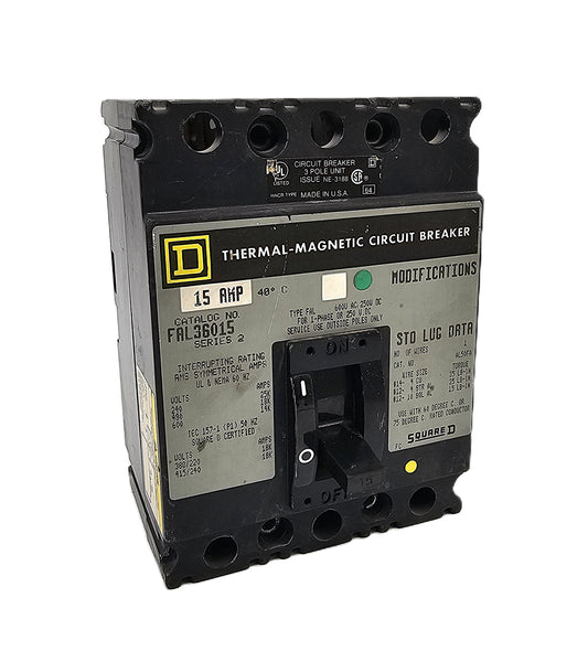 Square D FAL36015 Circuit Breaker 3-Pole, 15 Amp, 600V AC / 250V DC, Bolt-On, FAL Series