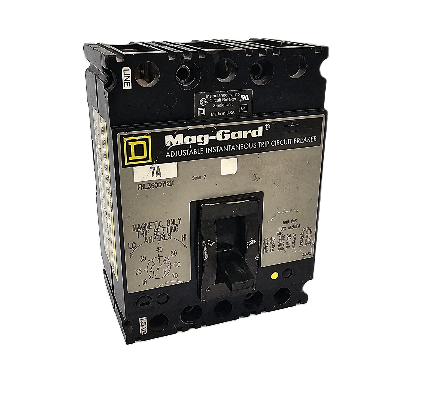 Square D FHL3600712M Mag-Gard Circuit Breaker 3-Pole, 7 Amp, 600V AC, Magnetic Only, Adjustable Instantaneous Trip, FHL Series