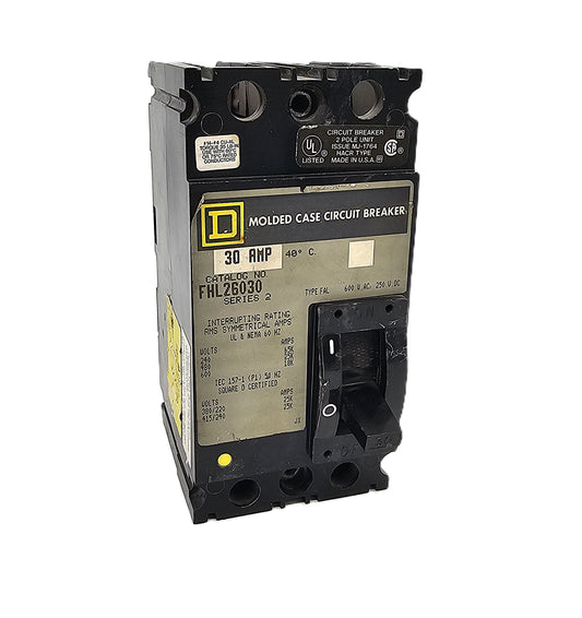 Square D FHL26030 Circuit Breaker 2-Pole, 30 Amp, 600V AC / 250V DC, Bolt-On, FHL Series