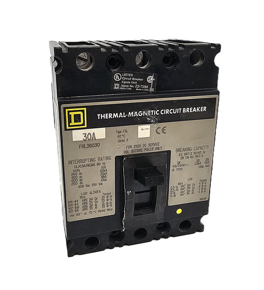 Square D FHL36030 Circuit Breaker 3-Pole, 30 Amp, 600V AC / 250V DC, Bolt-On, FHL Series