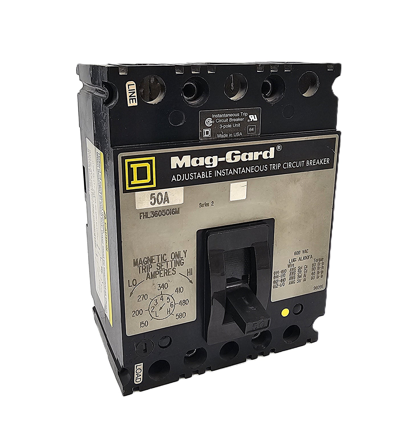 Square D FHL3605016M Mag-Gard Circuit Breaker 3-Pole, 50 Amp, 600V AC, Magnetic Only, Adjustable Instantaneous Trip, FHL Series