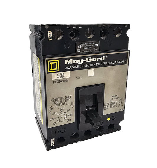 Square D FHL3605016M Mag-Gard Circuit Breaker 3-Pole, 50 Amp, 600V AC, Magnetic Only, Adjustable Instantaneous Trip, FHL Series