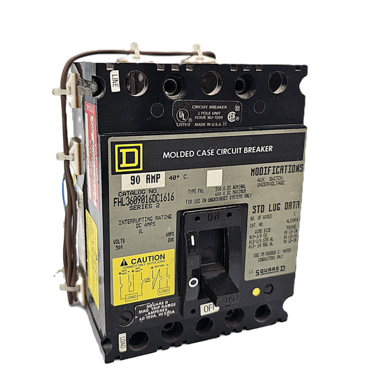 Square D FHL3609016DC1616 Circuit Breaker 3-Pole, 90 Amp, 500V DC, Bolt-On, DC Rated, FHL Series