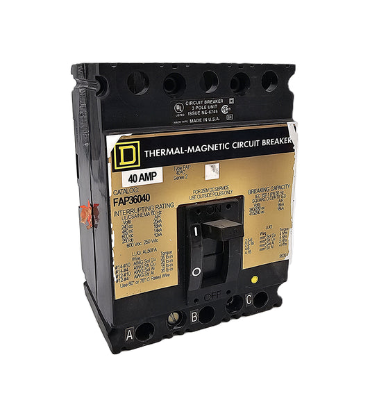Square D FAP36040 Circuit Breaker 3-Pole, 40 Amp, 600V AC / 250V DC, Bolt-On, FAP Series