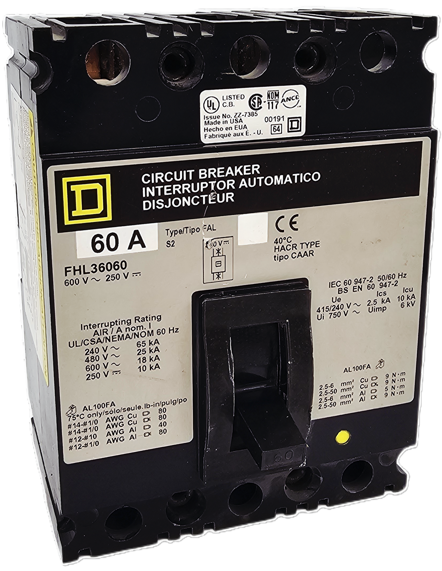 Square D FHL36060 Circuit Breaker 3-Pole, 60 Amp, 600V AC / 250V DC, Bolt-On, FHL Series
