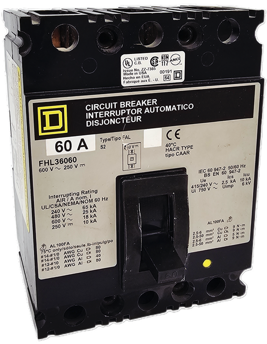 Square D FHL36060 Circuit Breaker 3-Pole, 60 Amp, 600V AC / 250V DC, Bolt-On, FHL Series
