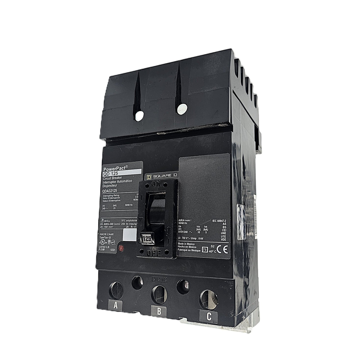 Square D PowerPact QDA32125 Circuit Breaker 3-Pole, 125 Amp, 600V AC, Bolt-On, PowerPact QD Frame