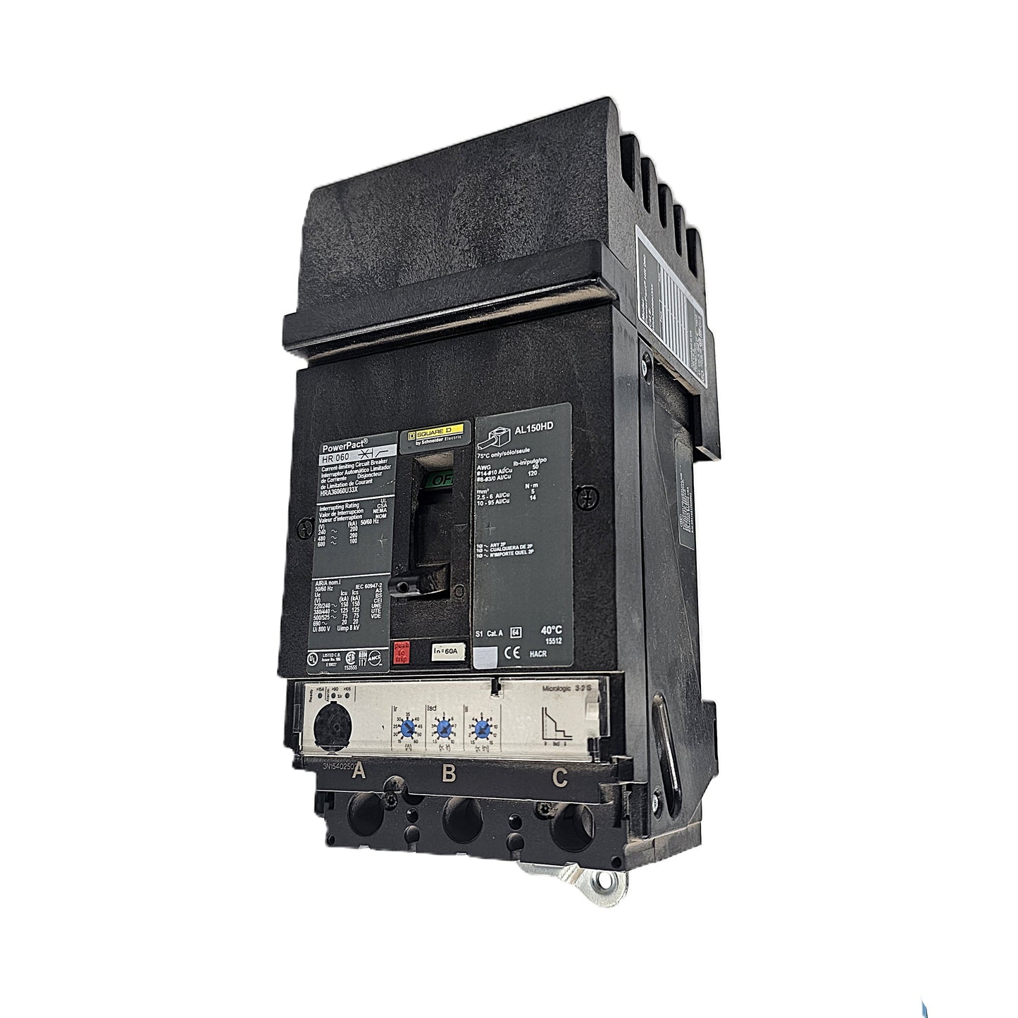 Square D PowerPact HRA36060U33X Circuit Breaker 3-Pole, 60 Amp, 600V AC, Bolt-On, PowerPact HR Frame