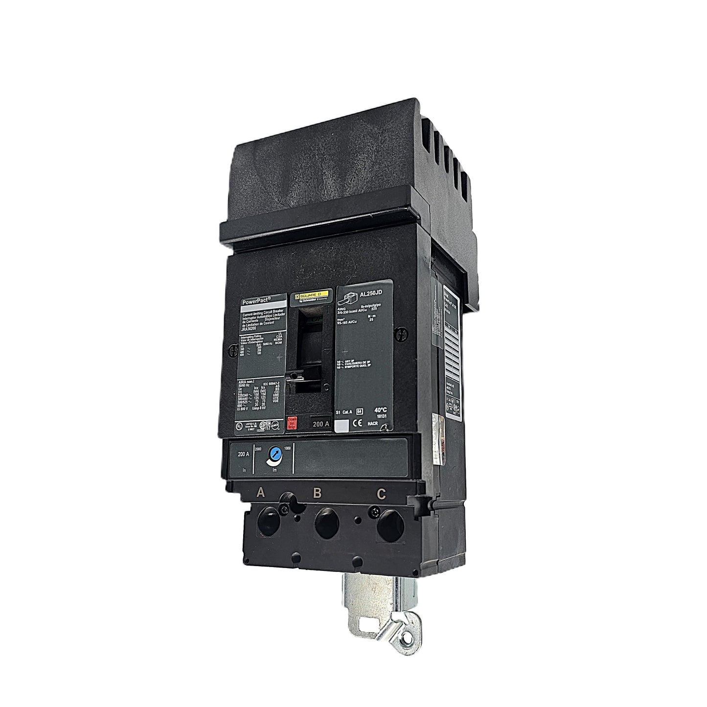 Square D PowerPact JRA36200 Circuit Breaker 3-Pole, 200 Amp, 600V AC, Bolt-On, PowerPact AL Frame