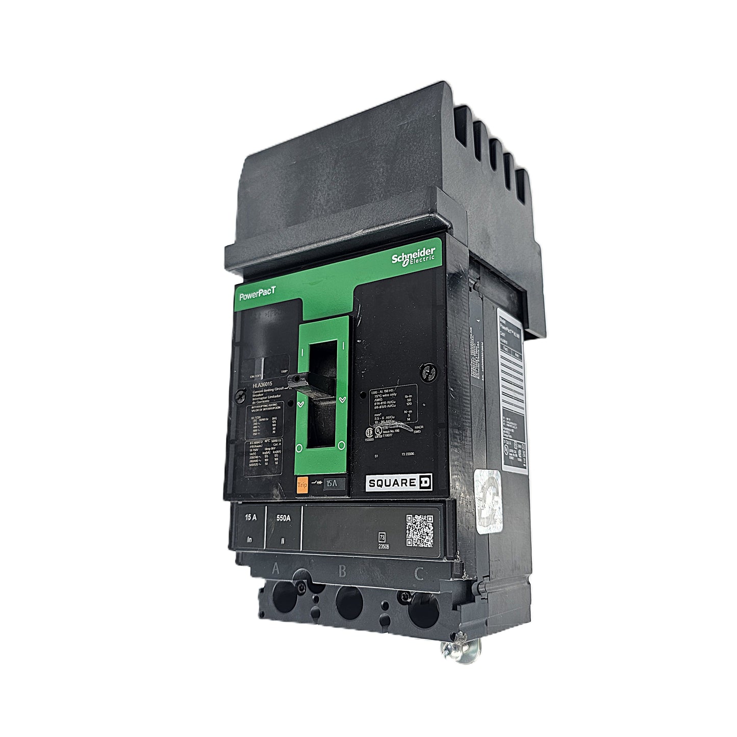 Square D PowerPact HLA36015 Circuit Breaker 3-Pole, 15 Amp, 600V AC, Bolt-On, PowerPact HG Frame