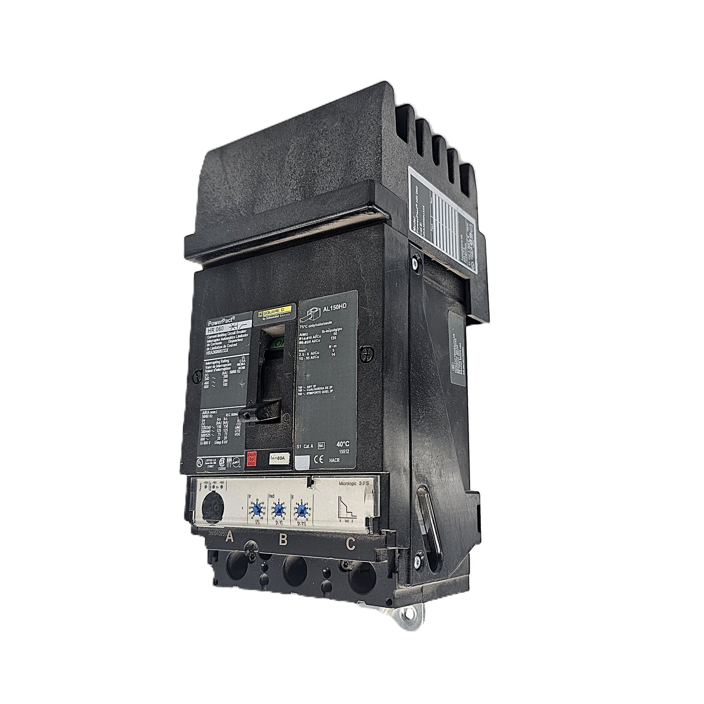 Square D PowerPact HRA36060U33X Circuit Breaker 3-Pole, 60 Amp, 600V AC, Bolt-On, PowerPact HR Frame