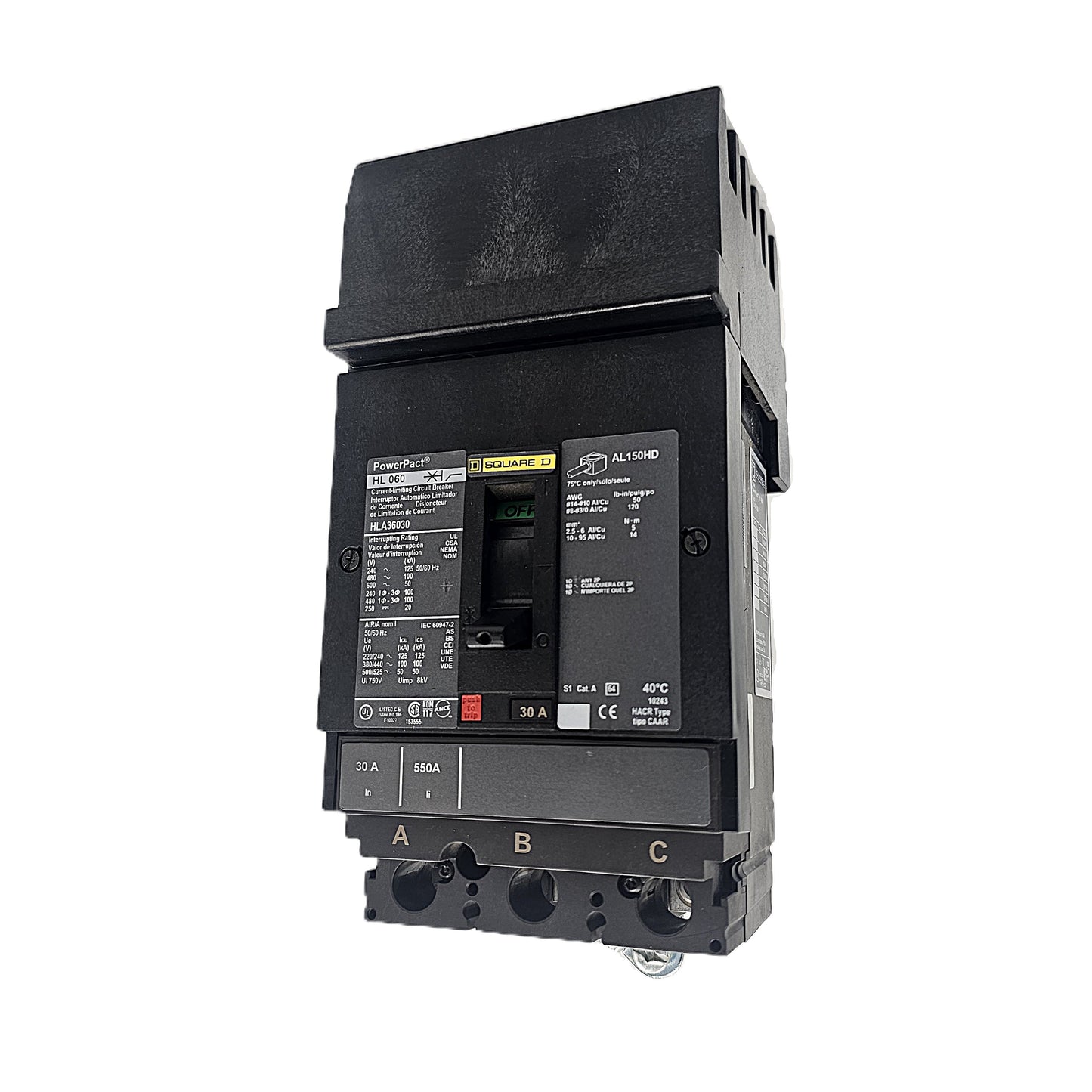 Square D PowerPact HLA36030 Circuit Breaker 3-Pole, 30 Amp, 600V AC, Bolt-On, HL-Frame